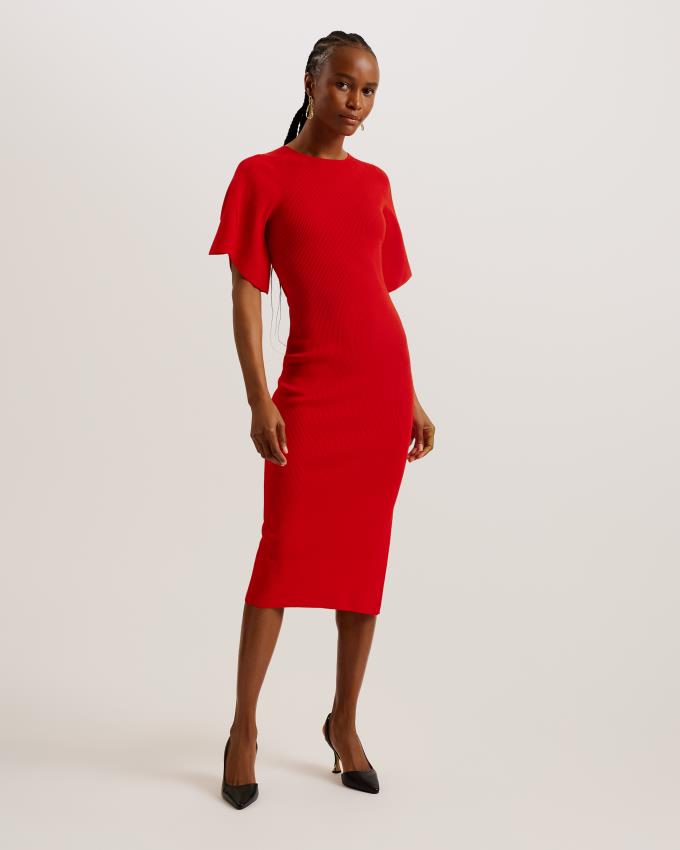 Peignoir Ted Baker Fluted Sleeve Knitted Bodycon Midi Rouge Femme | OUN-21886373